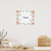 Pastel Waterverf Bloemen met Gepersonaliseerd Naam Poster (Keuken)