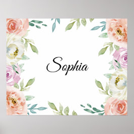 Pastel Waterverf Bloemen met Gepersonaliseerd Naam Poster