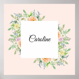 Pastel Waterverf Bloemen met Gepersonaliseerd Naam Poster