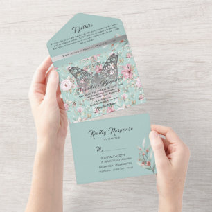 Pastel Waterverf Bloemen Roze Blauw Trouwen All In One Uitnodiging