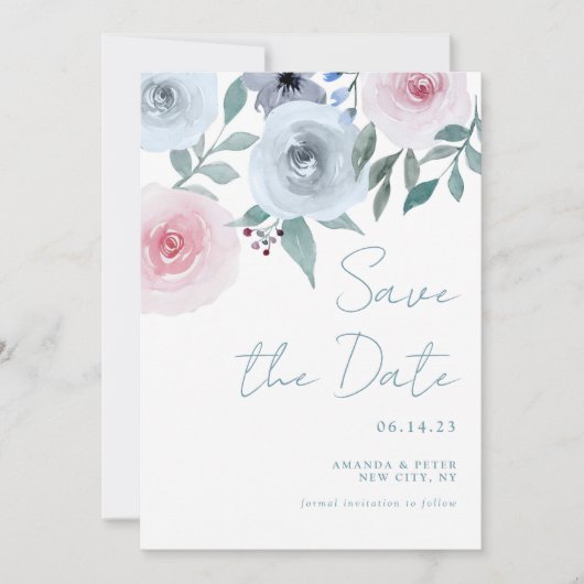 Pastel Waterverf Bloemen Rozen Save the Date Kaart (Voorkant)