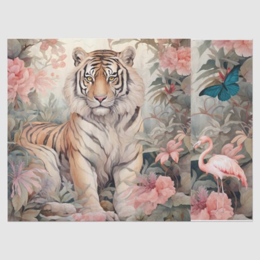 Pastel Waterverf Bloemen Tijger Decoupage Tissuepapier (Voorkant)