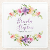 Pastel Waterverf Bloemen Trouwkrans Glazen Onderzetter (Voorkant)