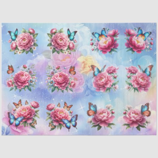 Pastel Waterverf Bloemen & Vlinders Decoupage Tissuepapier (Voorkant)