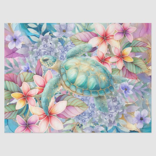 Pastel Waterverf Bloemen Zee Schildpad Decoupage Tissuepapier (Voorkant)