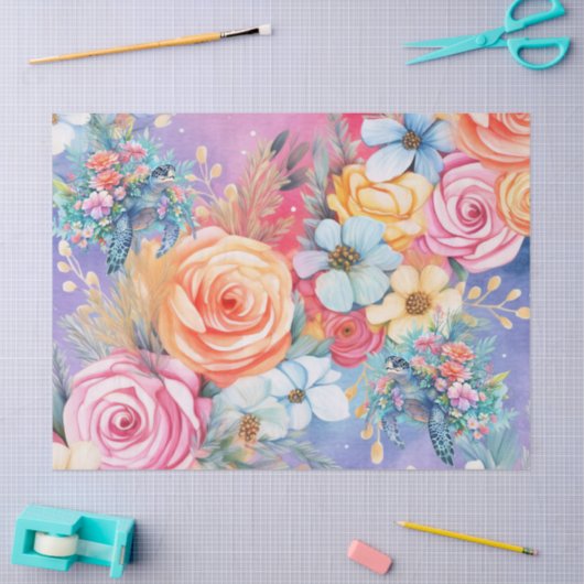 Pastel Waterverf Bloemen Zee Schildpad Tissuepapier (Craft)