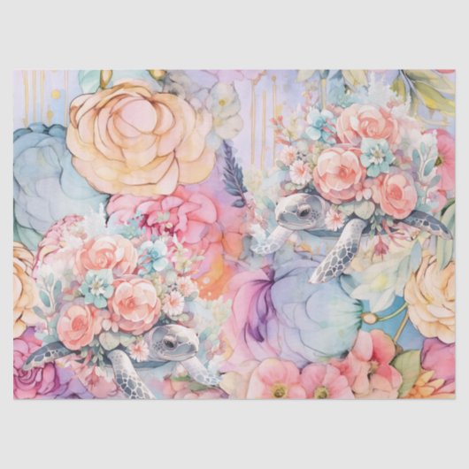 Pastel Waterverf Bloemen Zee Schildpadden Tissuepapier (Voorkant)