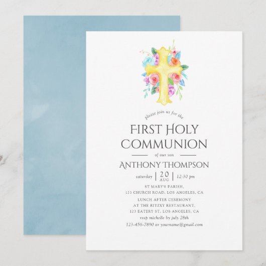 Pastel Waterverf Bloemenjongen Eerste Heilige Comm Kaart (Voorkant / Achterkant)