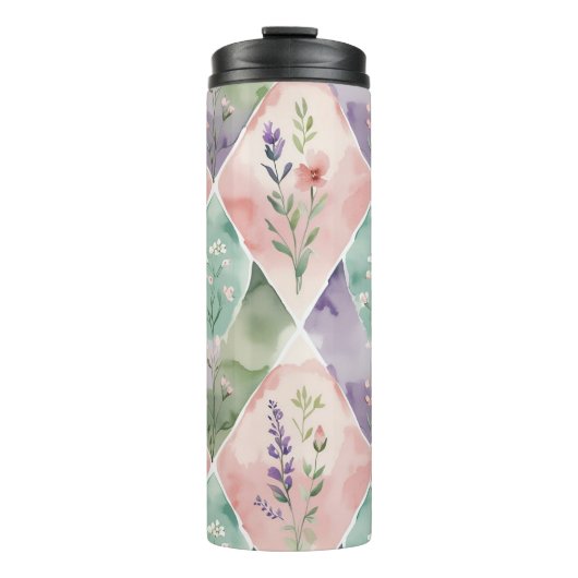Pastel Waterverf Bloemige Patchwork Thermosbeker (Voorkant)