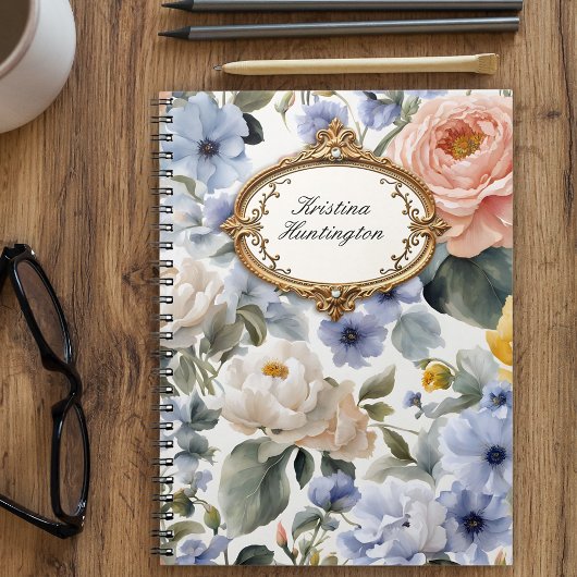 Pastel Waterverf Bloesems met Goud Lijst Notitieboek