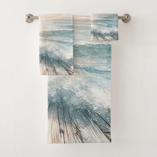 Pastel Waterverf Blue Beach Ocean Waves Wood Bad Handdoek (Insitu)