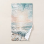 Pastel Waterverf Blue Beach Ocean Waves Wood Bad Handdoek (Handdoek)