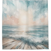 Pastel Waterverf Blue Beach Ocean Waves Wood Douchegordijn (Voorkant)