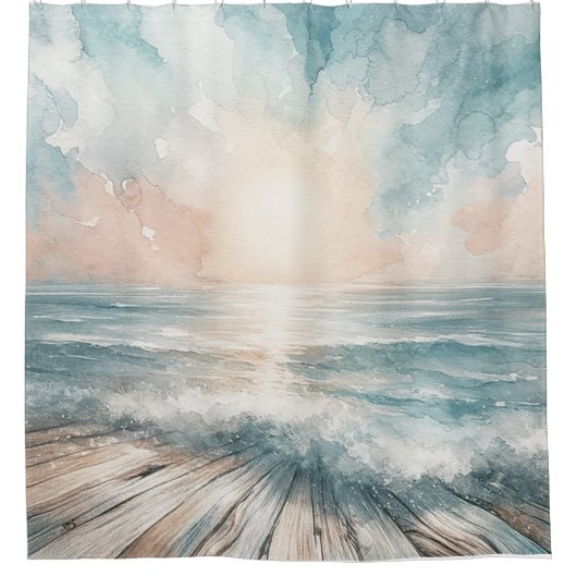 Pastel Waterverf Blue Beach Ocean Waves Wood Douchegordijn (Voorkant)