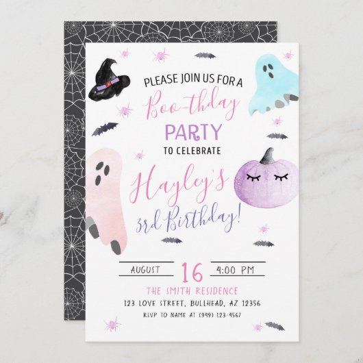 Pastel Waterverf Boothday Ghost uitnodigt Kaart (Voorkant / Achterkant)