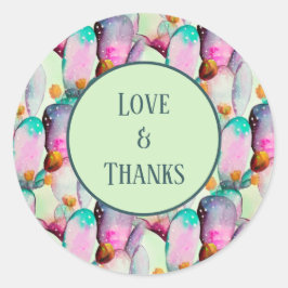 Pastel Waterverf Cactus Flowers Love and Bedankt Ronde Sticker