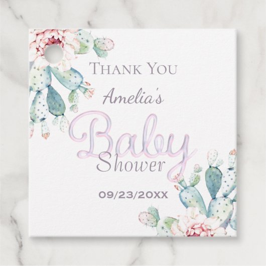 Pastel Waterverf Cactus Roze Baby shower Bedankjes Labels (Voorkant)