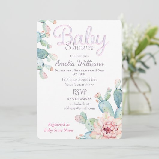 Pastel Waterverf Cactus Roze Baby shower Kaart (Staand voorkant)