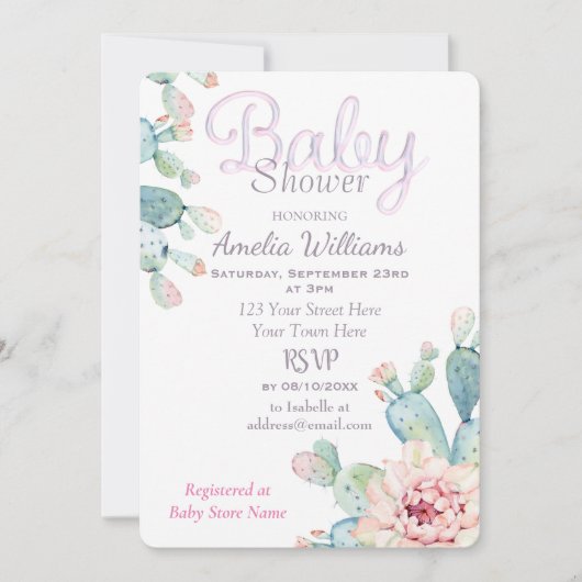 Pastel Waterverf Cactus Roze Baby shower Kaart (Voorkant)