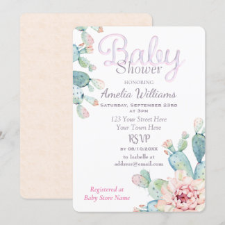 Pastel Waterverf Cactus Roze Baby shower Kaart