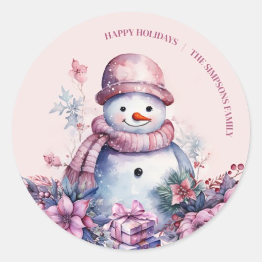 Pastel Waterverf Christmas Snowman Ronde Sticker (Voorkant)