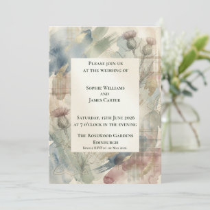 Pastel Waterverf Distel Tartan Schotse Trouw Kaart