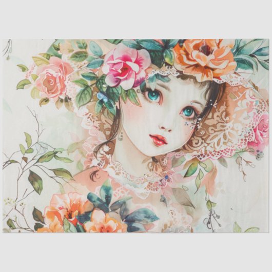 Pastel Waterverf Doll-achtige Meisje Decoupage Tissuepapier (Voorkant)