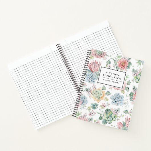 Pastel Waterverf Echievera Succulents Pattern Notitieboek (Binnen)