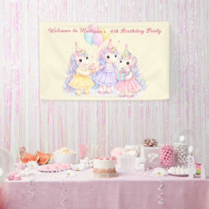 Pastel Waterverf Eenhoorn Meisjes Verjaardag Spandoek