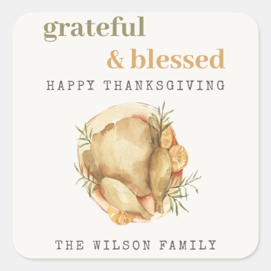 Pastel Waterverf Elegant Turkey Meal Thanksgiving Vierkante Sticker (Voorkant)