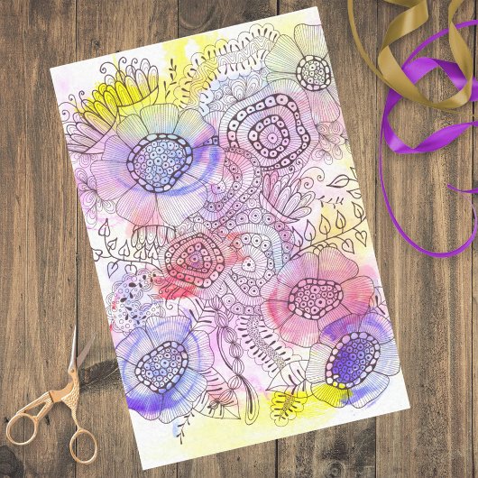Pastel Waterverf en Ink Bloemen Doodle Line Art Tissuepapier