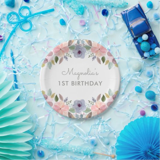  pastel Waterverf Floral Birthday Naam Papieren Bordje (Feest)