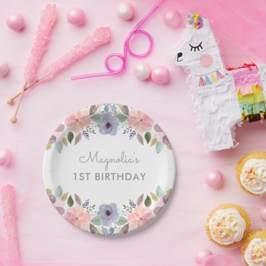  pastel Waterverf Floral Birthday Naam Papieren Bordje (Feest)