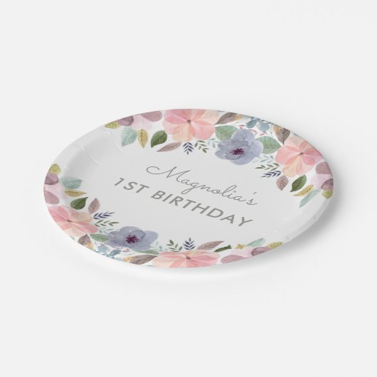 pastel Waterverf Floral Birthday Naam Papieren Bordje (Gekanteld)