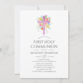 Pastel Waterverf Floral Eerste Heilige Communie Kaart (Voorkant)