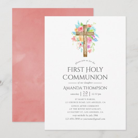 Pastel Waterverf Floral Eerste Heilige Communie Kaart (Voorkant / Achterkant)