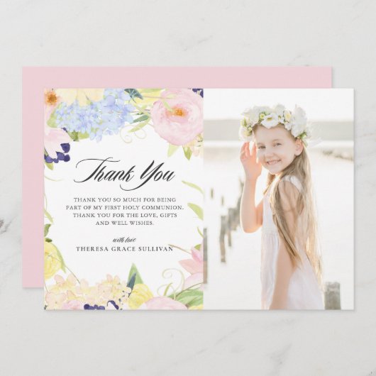 Pastel Waterverf Floral Lijst Eerste Gemeenschap Bedankkaart (Voorkant / Achterkant)