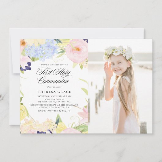 Pastel Waterverf Floral Lijst Eerste Gemeenschap Kaart (Voorkant)
