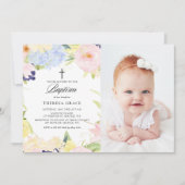 Pastel Waterverf Floral Lijst Foto Baptisme Kaart (Voorkant)