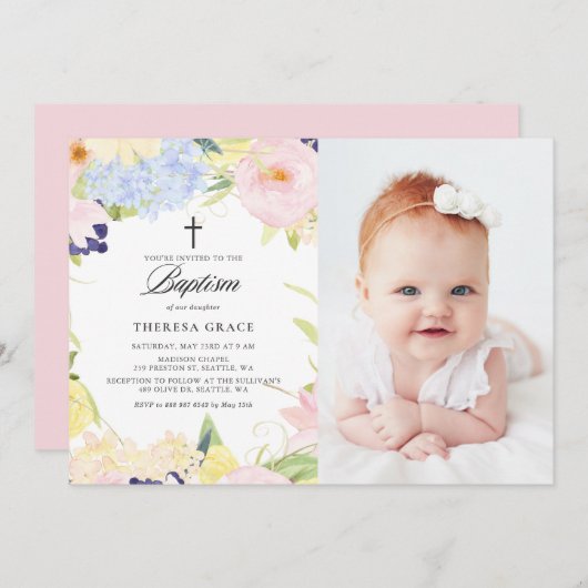 Pastel Waterverf Floral Lijst Foto Baptisme Kaart (Voorkant / Achterkant)