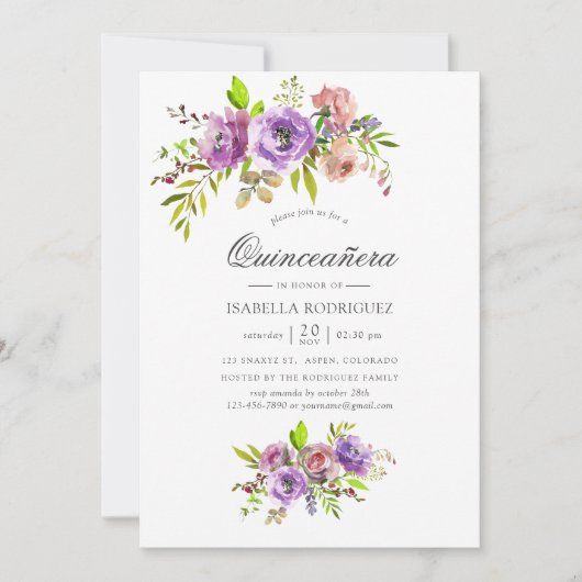 Pastel Waterverf Floral Quinceañera Kaart (Voorkant)