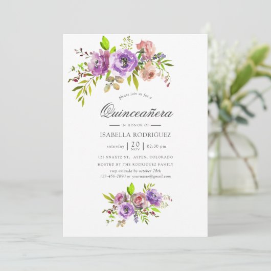 Pastel Waterverf Floral Quinceañera Kaart (Staand voorkant)