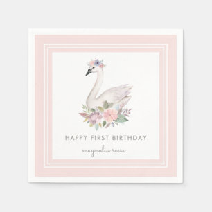 Pastel Waterverf Floral Swan Princess Birthday Servet
