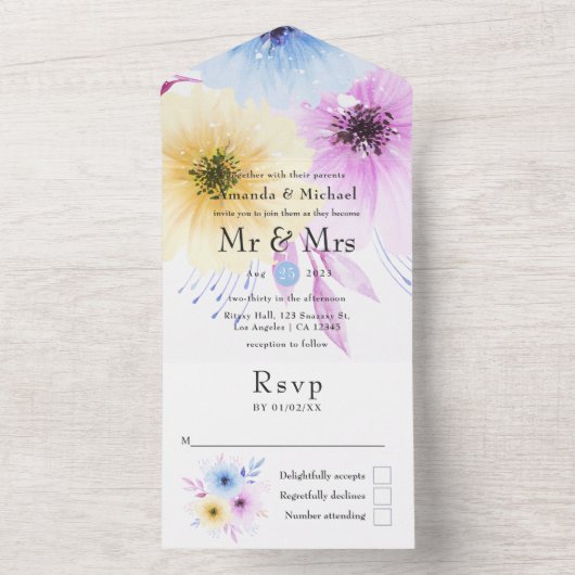 Pastel Waterverf Floral Wedding All In One Uitnodiging (Binnen)