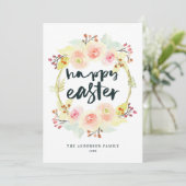 Pastel Waterverf Floral WreatHappy Easter Feestdagenkaart (Staand voorkant)
