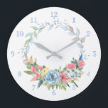Pastel Waterverf Floral Wreator Grote Klok<br><div class="desc">Fijne waterverf van de bladluier met spray van pastelroze,  blauwe en gele bloemen. De achtergrondkleur en de aantallen zijn editable.</div>