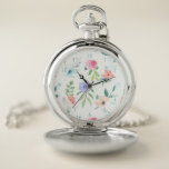 Pastel Waterverf Floral Zakhorloge<br><div class="desc">pastel waterverf stijl bloemen en bladeren op doorzichtige achtergrond met ondoorzichtige witte band en pastelblauwe cijfers. Het naadloze herhaalbare patroon kan omhoog of omlaag worden geschaald of worden verplaatst.</div>