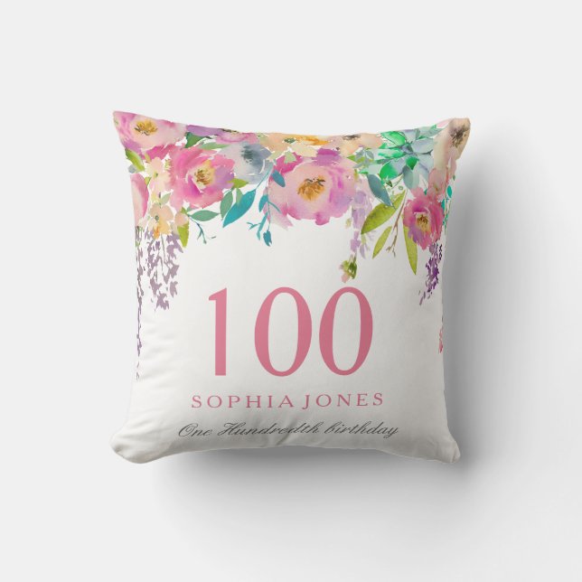 Pastel Waterverf Flowers 100th Birthday GIft Kussen (Voorkant)