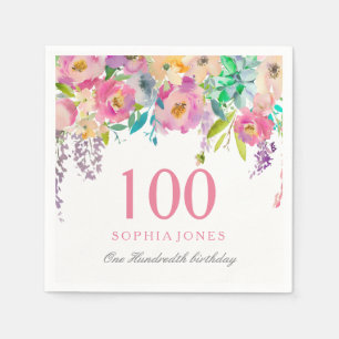 Pastel Waterverf Flowers 100th Birthday Party Servet