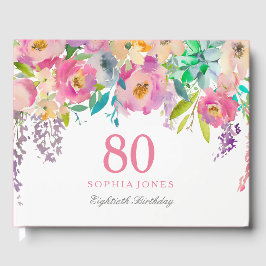 Pastel Waterverf Flowers 80th Birthday Party Gastenboek